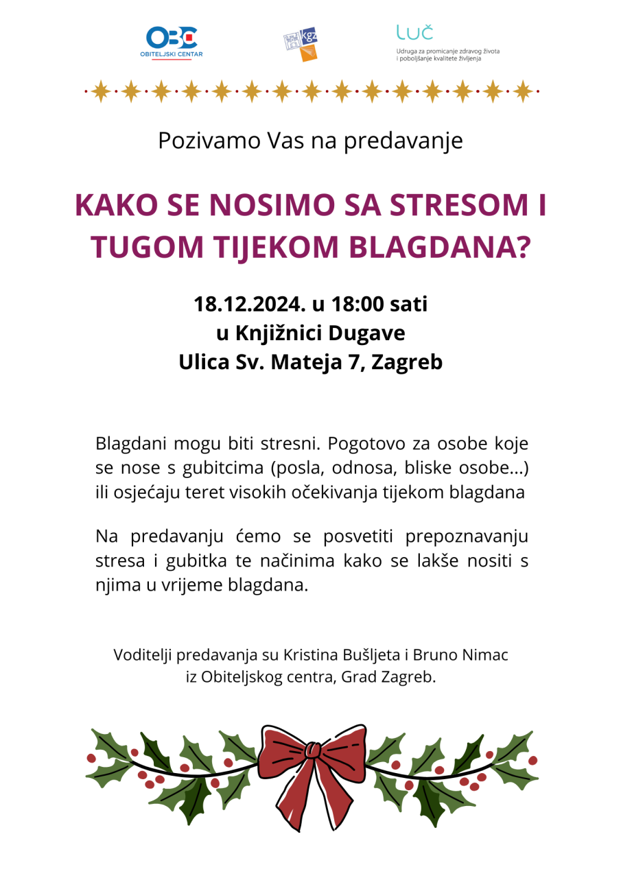 Pozivamo Vas na predavanje ''Kako se nosimo sa stresom i tugom tijekom blagdana''