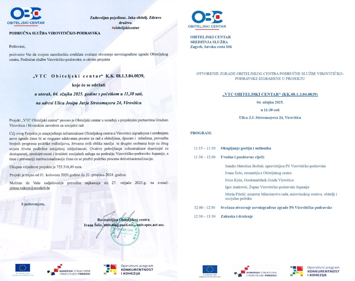 Otvorenje zgrade Obiteljskog centra Područne službe Virovitičko-podravske izgrađene u projektu