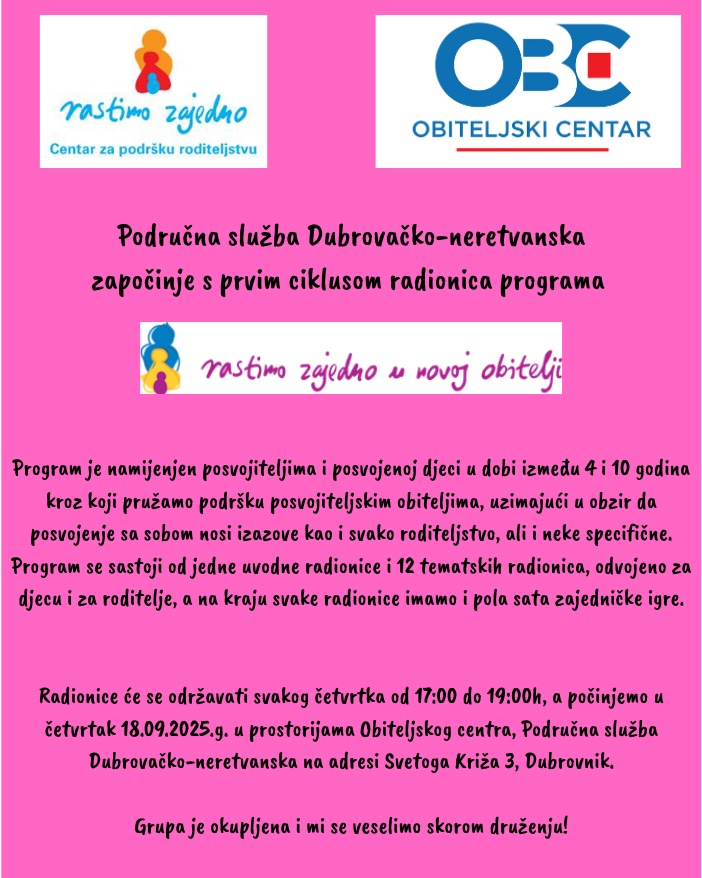 Područna služba Dubrovačko-neretvanska započinje s prvim ciklusom radionica programa Rastimo zajedno u novoj obitelji