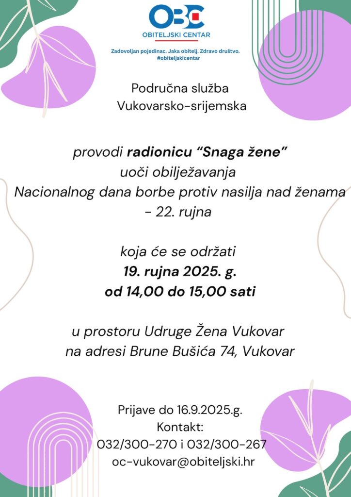 Radionica „Snaga žene“- obilježavanje Nacionalnog dana borbe protiv nasilja nad ženama dana 22. rujna