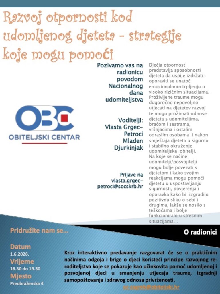 Poziv na radionicu „Razvoj otpornosti kod udomljenog djeteta“
